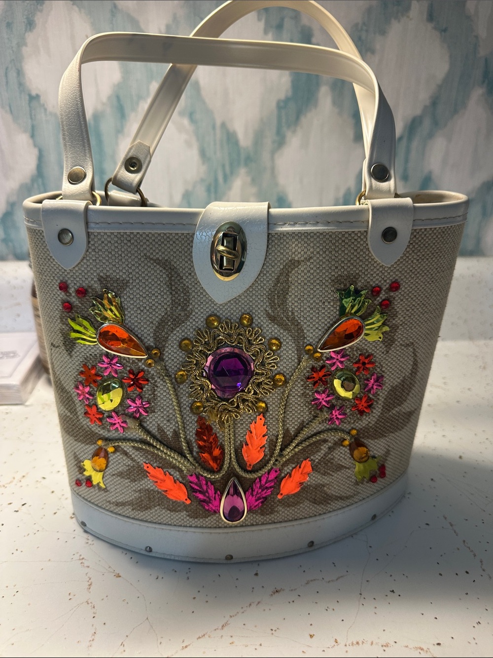 Enid Collin’s like Embellished Floral Jeweled Tote Bag in Cream and Multicolor